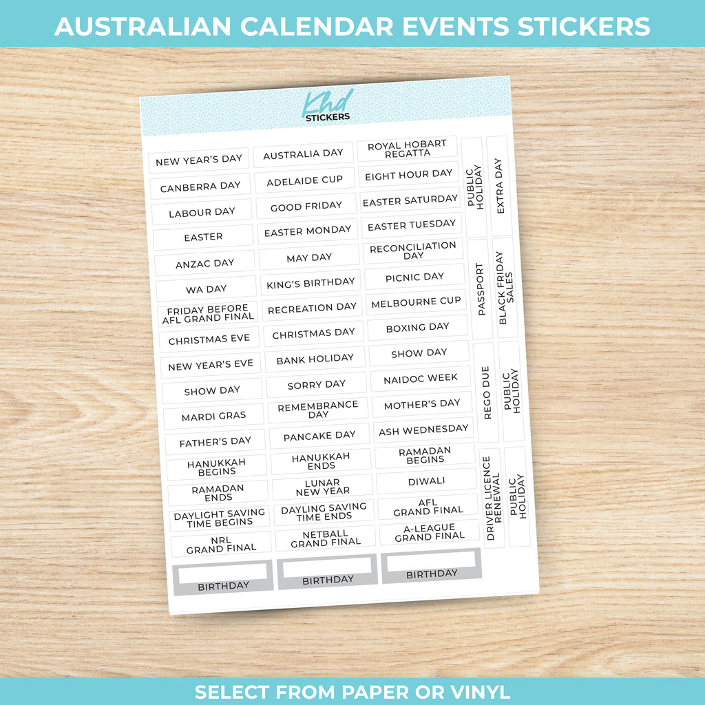 Australian Holidays & Events for Hobonichi Weeks and Cousin A5 Cousin (larger) / White Vinyl