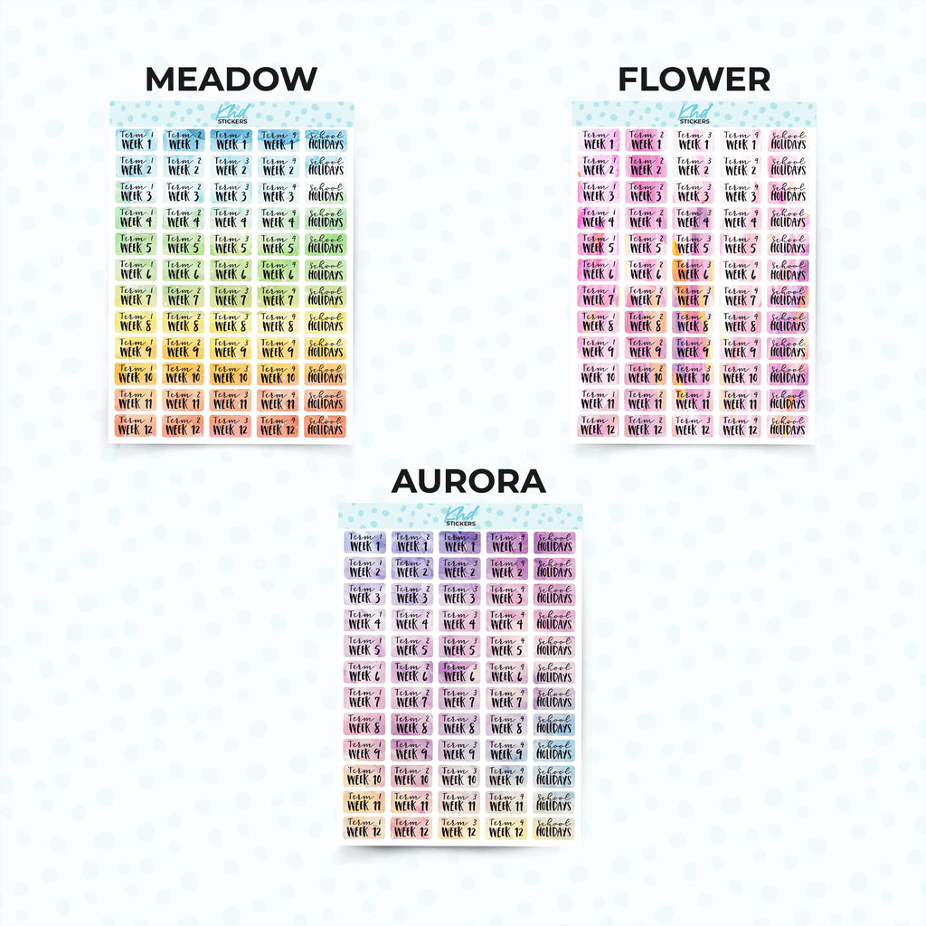 Watercolour School Terms Planner Stickers Aurora