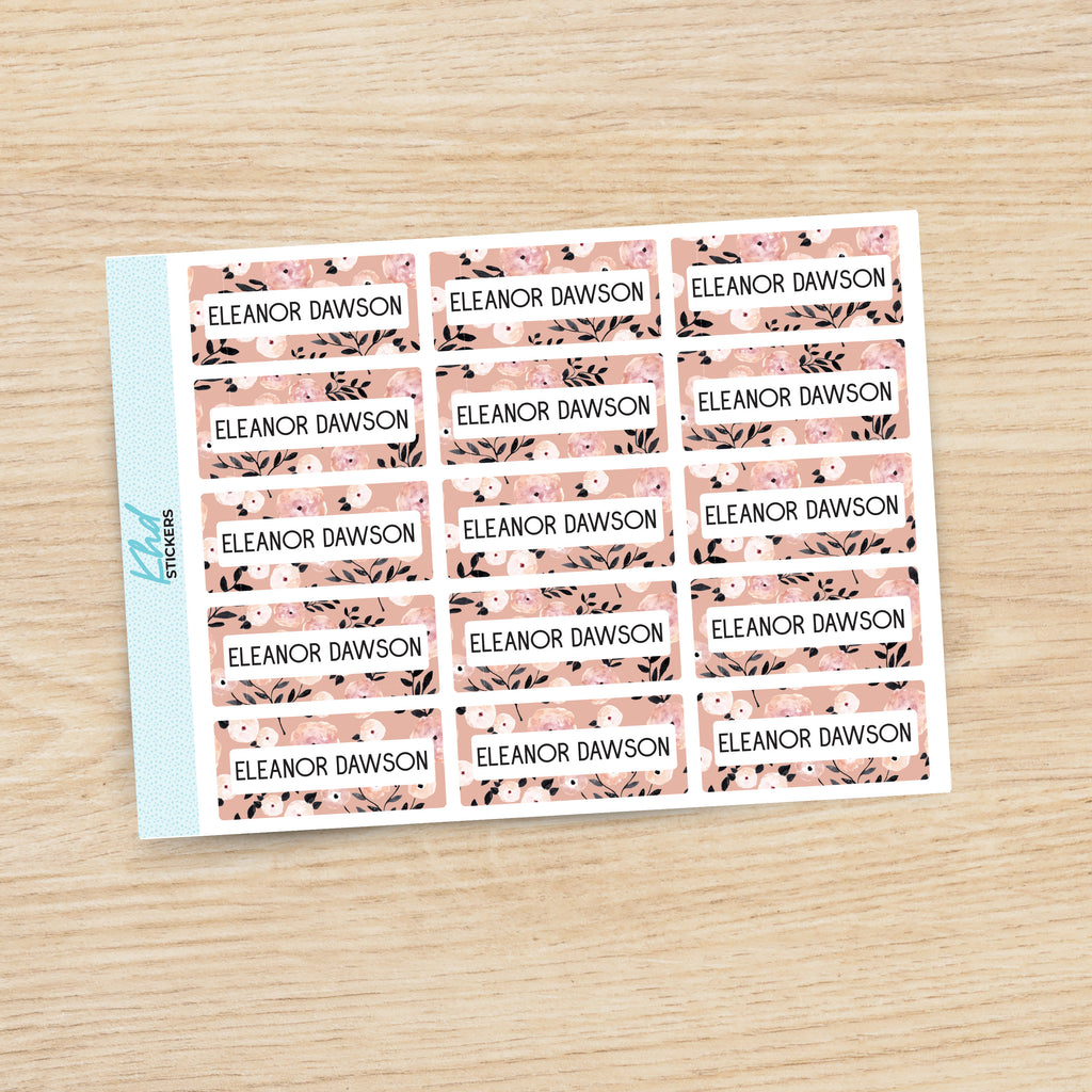 Orange Floral Patterned Name Labels, Personalised Stickers for Everyone, Assorted Colours and Designs in Store