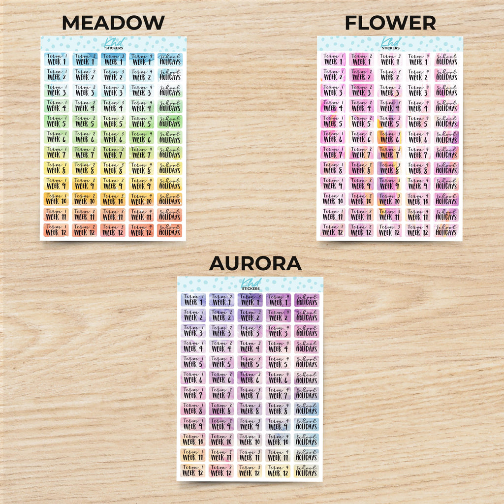 Watercolour School Terms Planner Stickers, Watercolour Collection, Removable