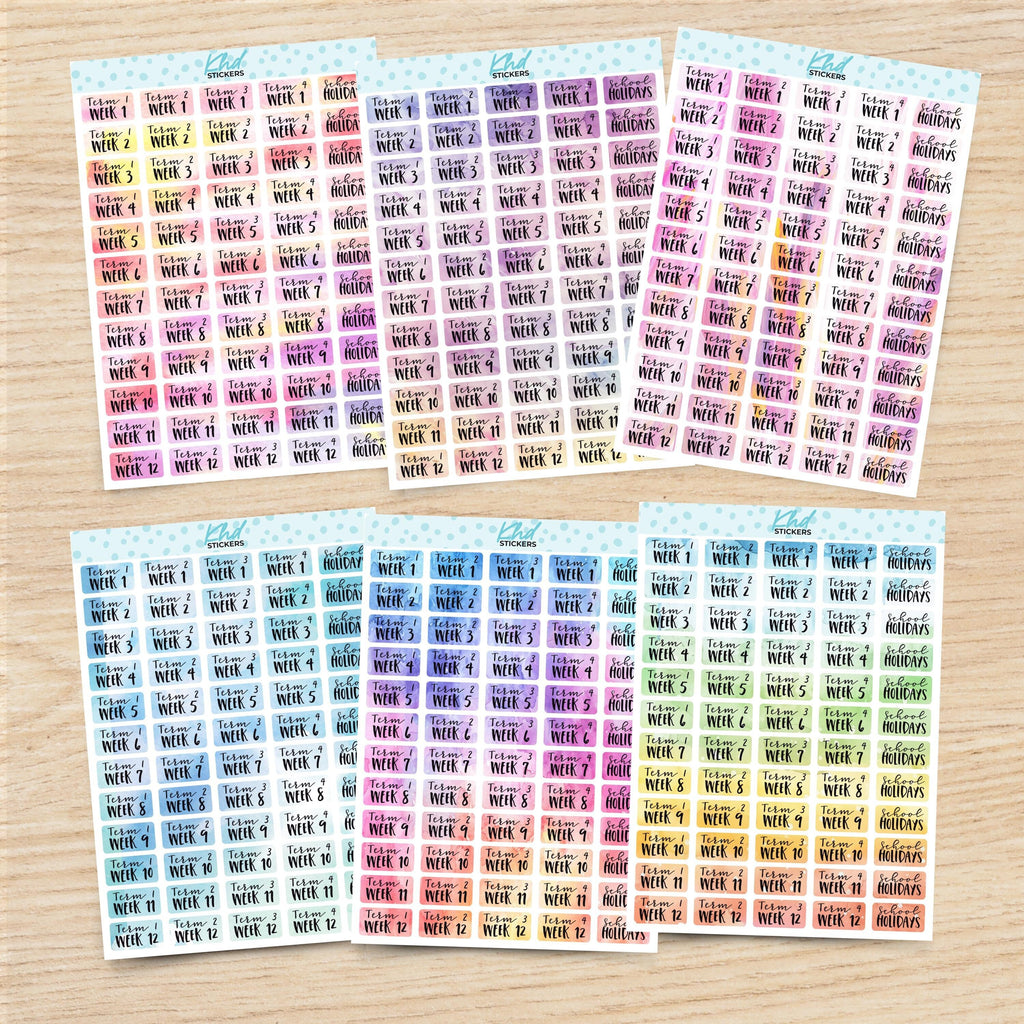 Watercolour School Terms Planner Stickers, Watercolour Collection, Removable