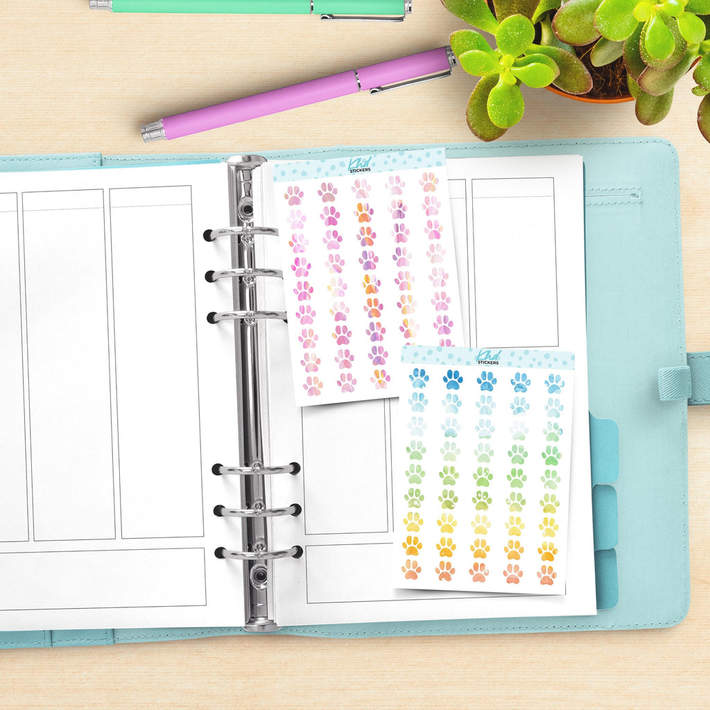 Watercolour Paw Prints Planner Stickers, Watercolour Collection, Removable