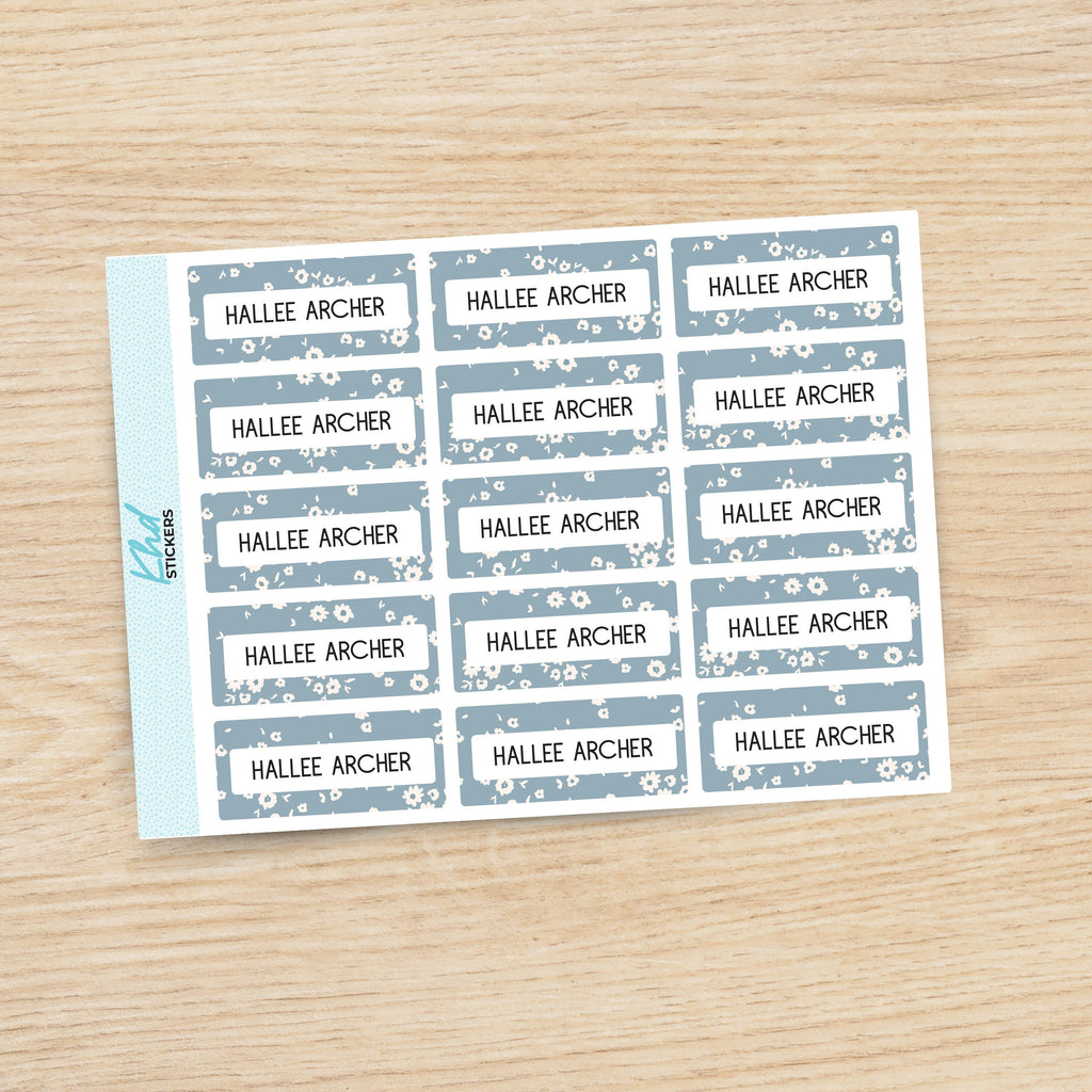 Soft Blue Floral Patterned Name Labels, Personalised Stickers for Everyone, Assorted Colours and Designs in Store