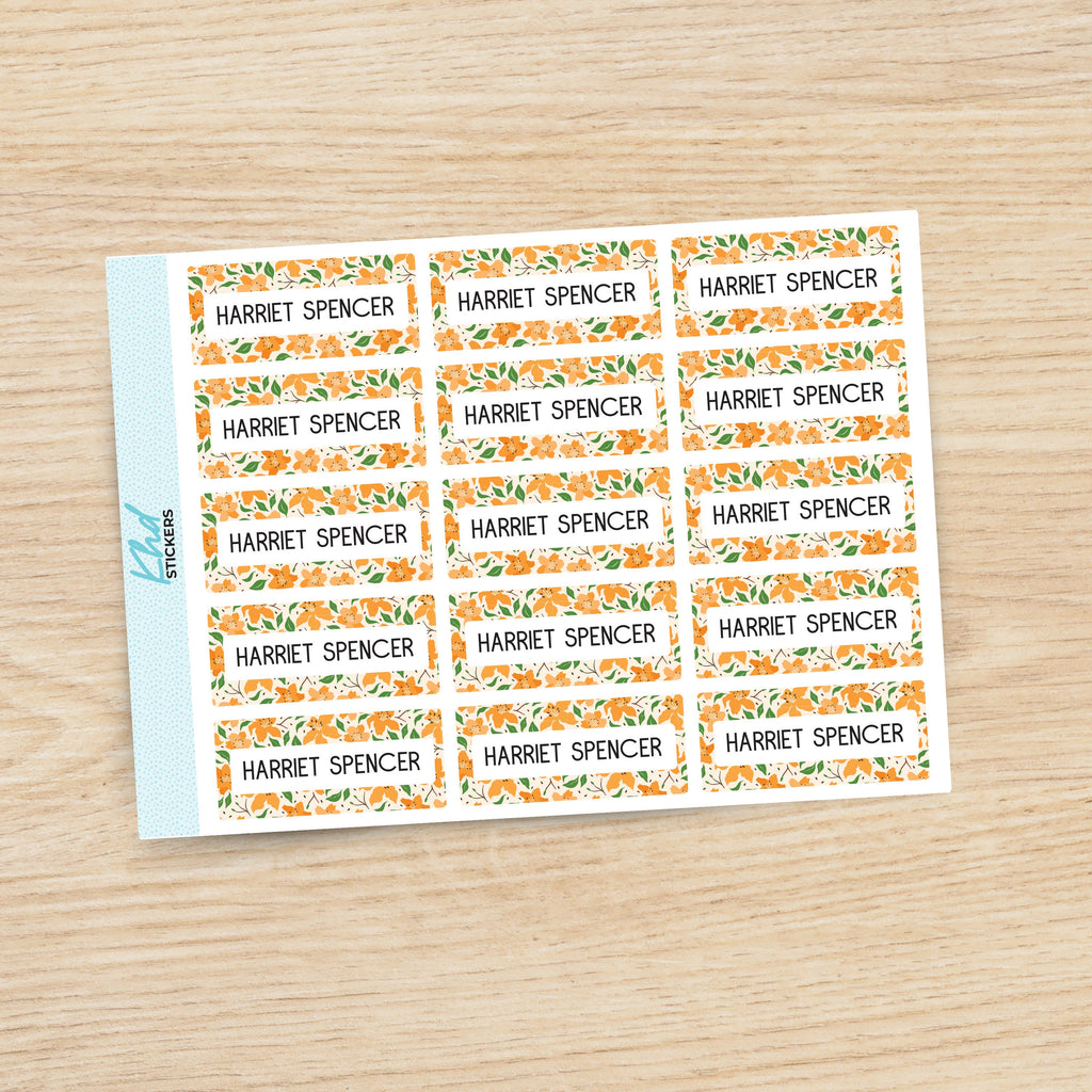 Orange Floral Patterned Name Labels, Personalised Stickers for Everyone, Assorted Colours and Designs in Store