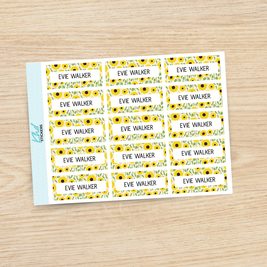 Sunflower Floral Patterned Name Labels, Personalised Stickers for Everyone, Assorted Colours and Designs in Store