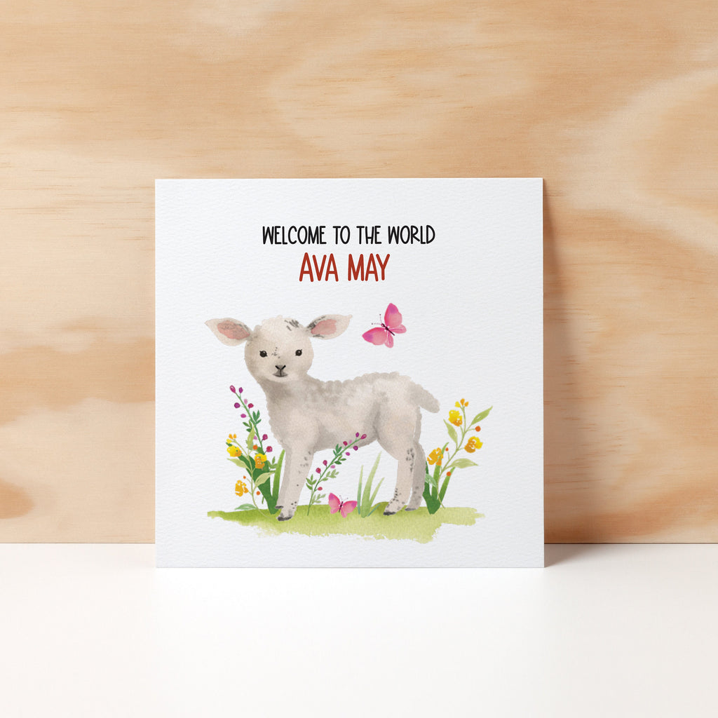 Personalised Welcome To The World, New Baby Greeting Card, Customised. Baby Lamb - New Born Cards - Greeting Cards