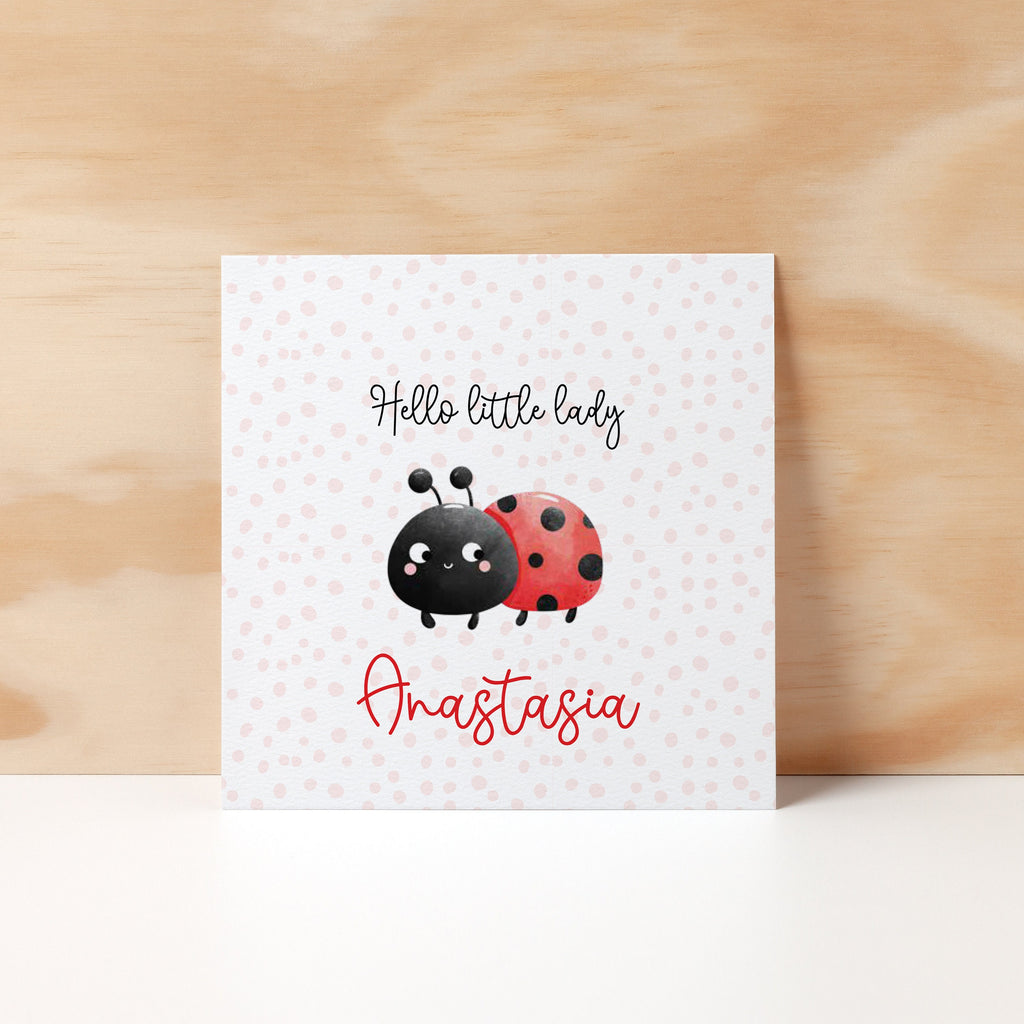 Personalised Hello Little Lady, Lady Bug New Baby Greeting Card, Customised - New Born Cards - Greeting Cards