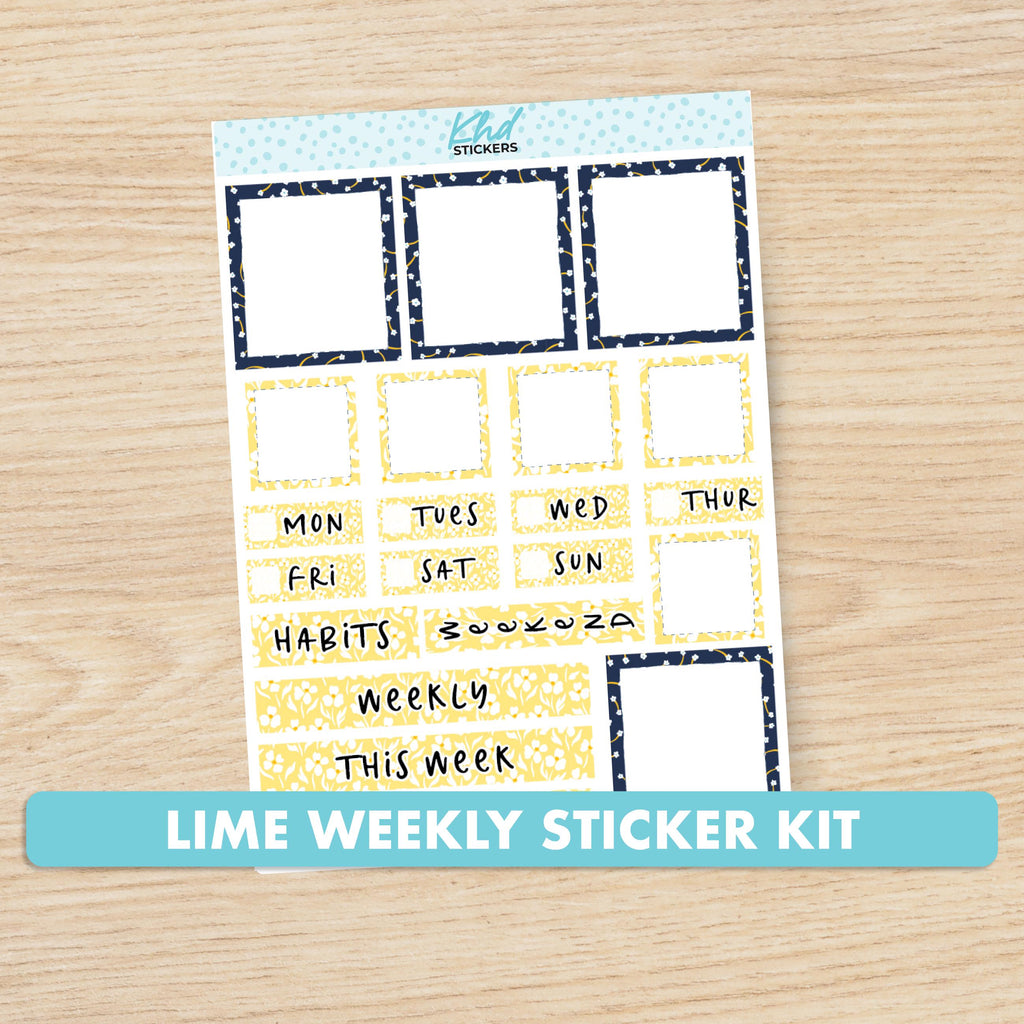 Navy blue & yellow floral Lime Weekly Planner Sticker Kit, Set 47006