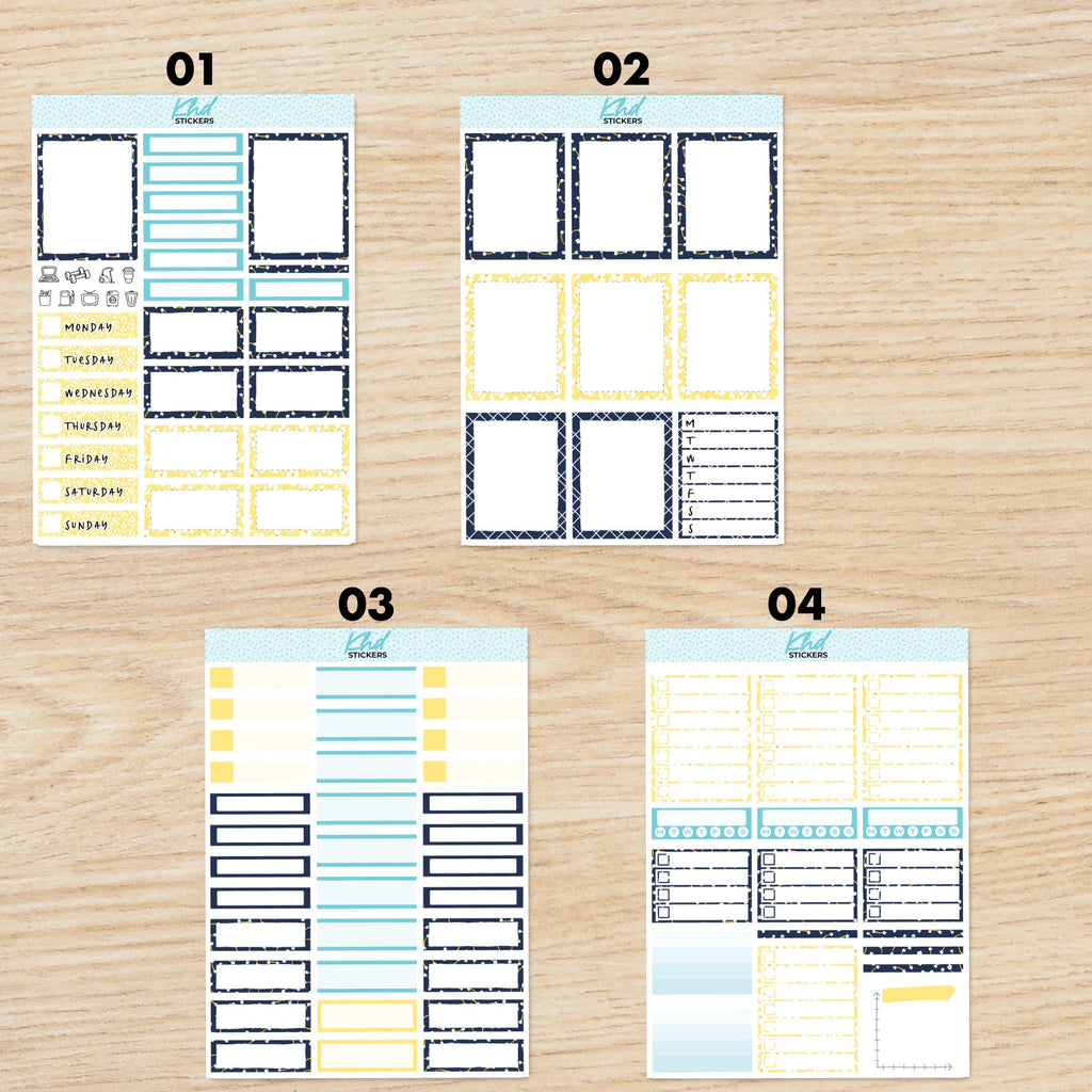 Vertical Navy blue & yellow floral Planner Sticker Set, Set 47006