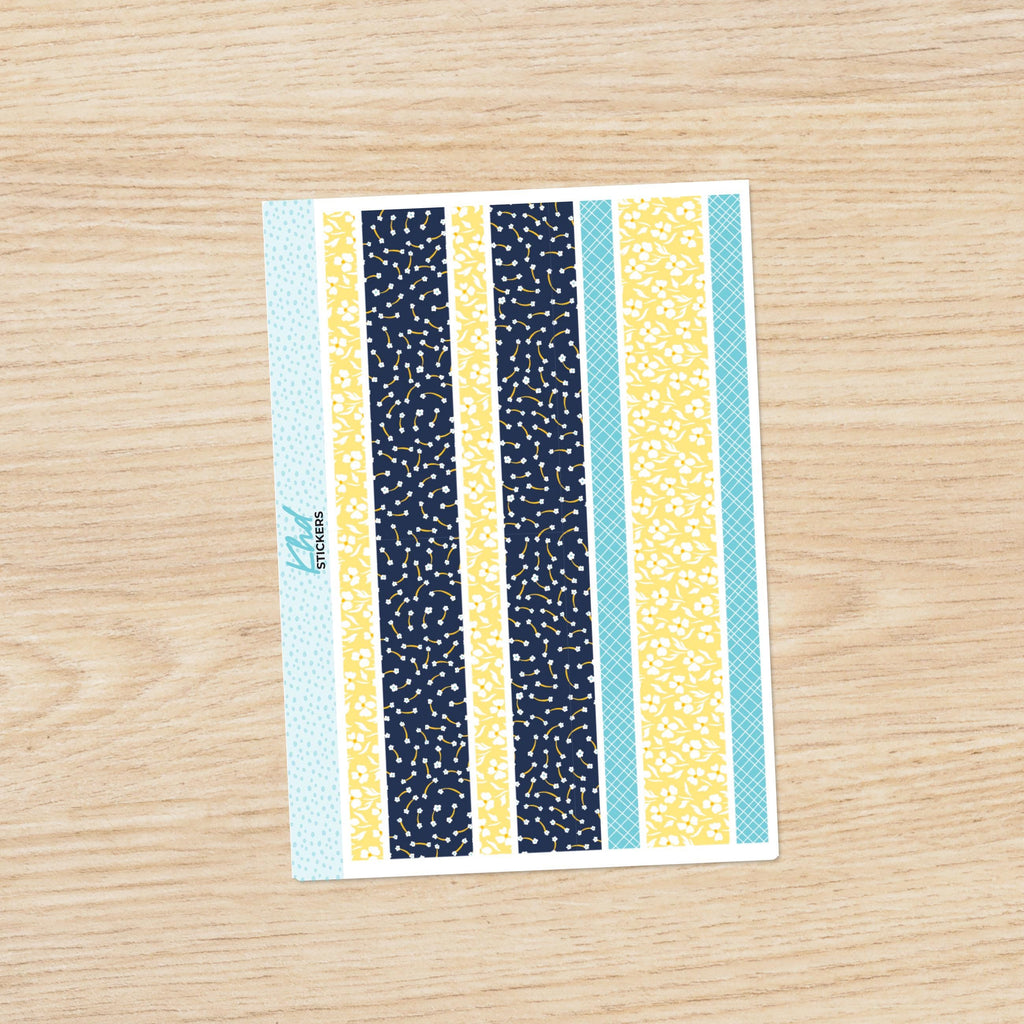 Navy blue & yellow floral Decorative Washi Strip Stickers, to fit most planners, dot journals, and notebooks. Set 47006