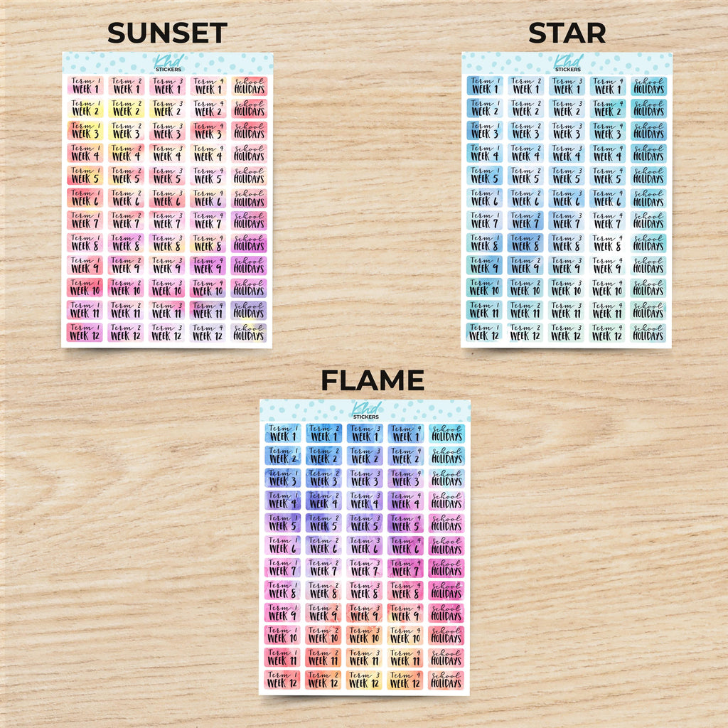 Watercolour School Terms Planner Stickers, Watercolour Collection, Removable