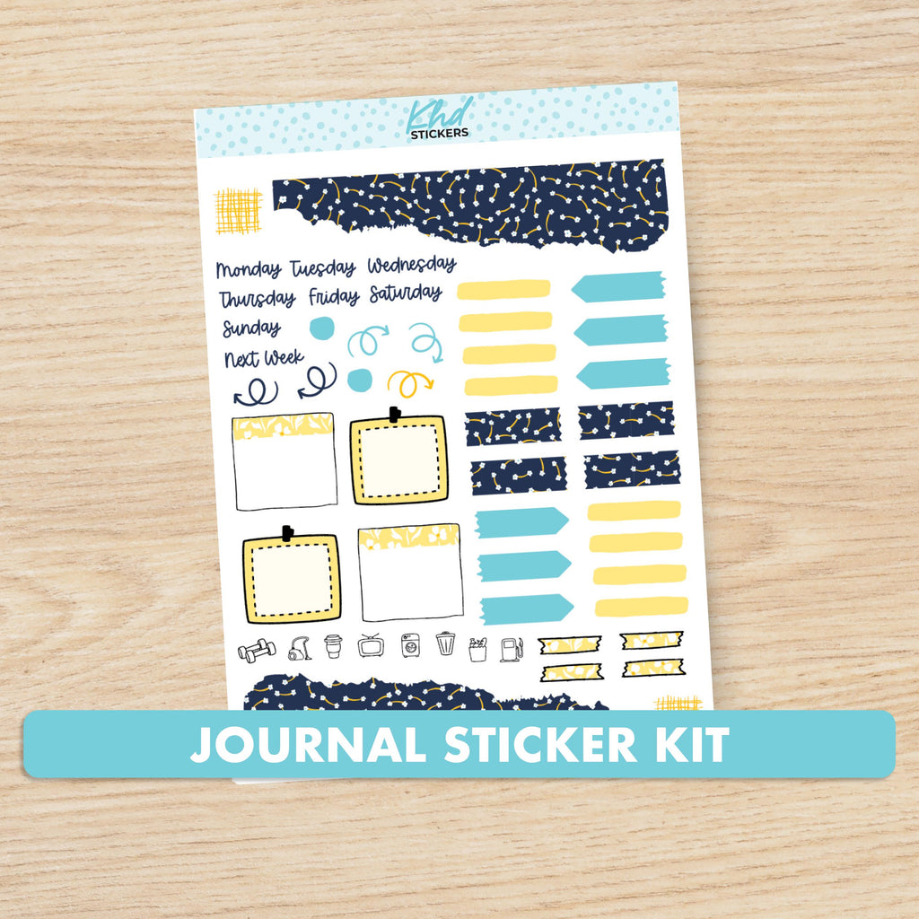 Navy blue & yellow floral Journal Weekly Sticker Kit, to fit most planners, dot journals, and notebooks. Set 47006