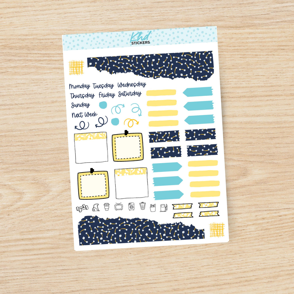 Navy blue & yellow floral Journal Weekly Sticker Kit, to fit most planners, dot journals, and notebooks. Set 47006