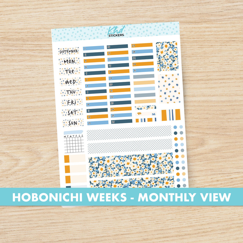 Blue & Orange Floral Hobonichi Weeks Monthly View Planner Sticker Kit