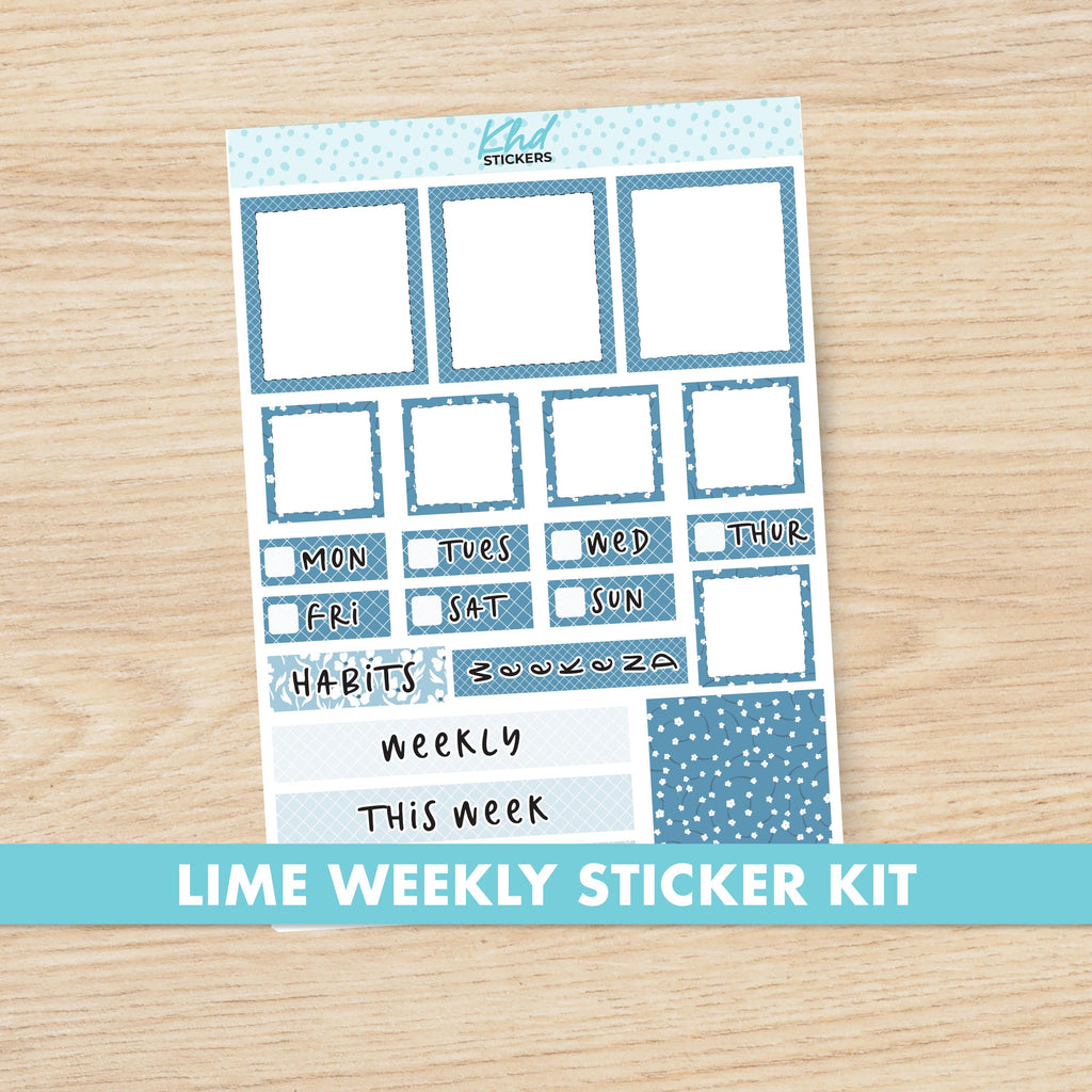 Blue Floral Lime Weekly Planner Sticker Kit