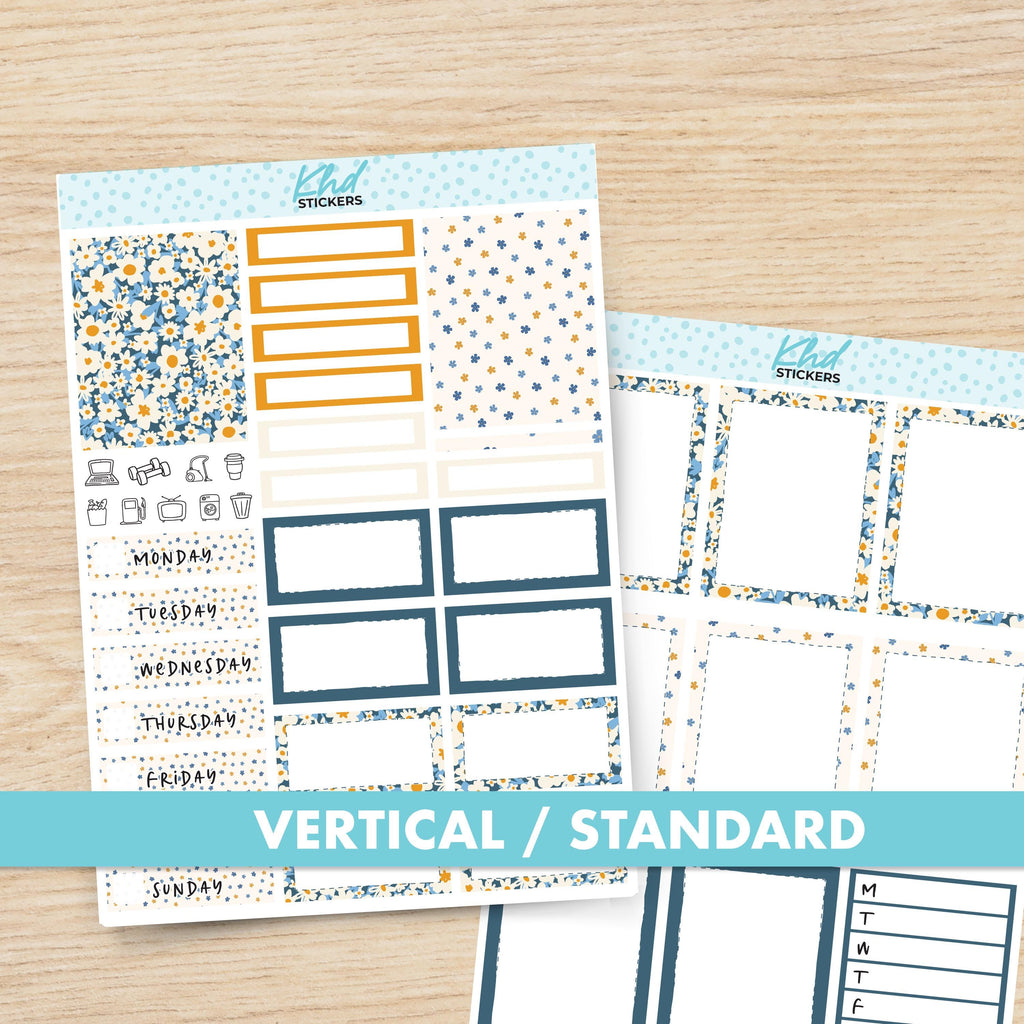 Vertical Blue & orange Floral Planner Sticker Set