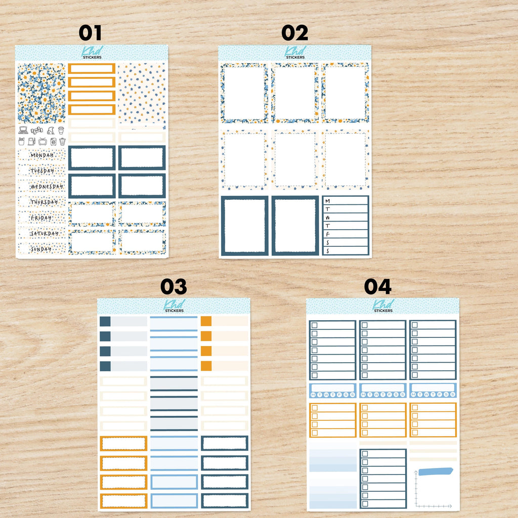 Vertical Blue & orange Floral Planner Sticker Set