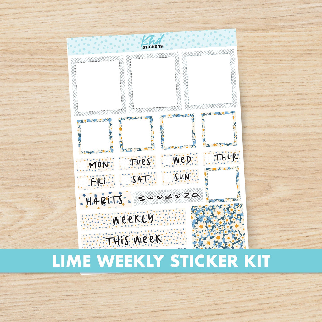 Blue & Orange Floral Lime Weekly Planner Sticker Kit