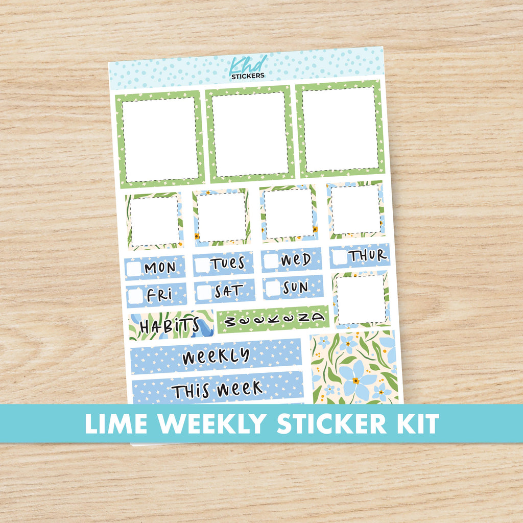 Floral Blue & Green Lime Weekly Planner Sticker Kit