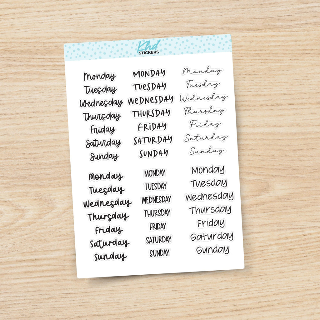 Days of The Week Stickers, Planner Stickers, Transparent or White Options