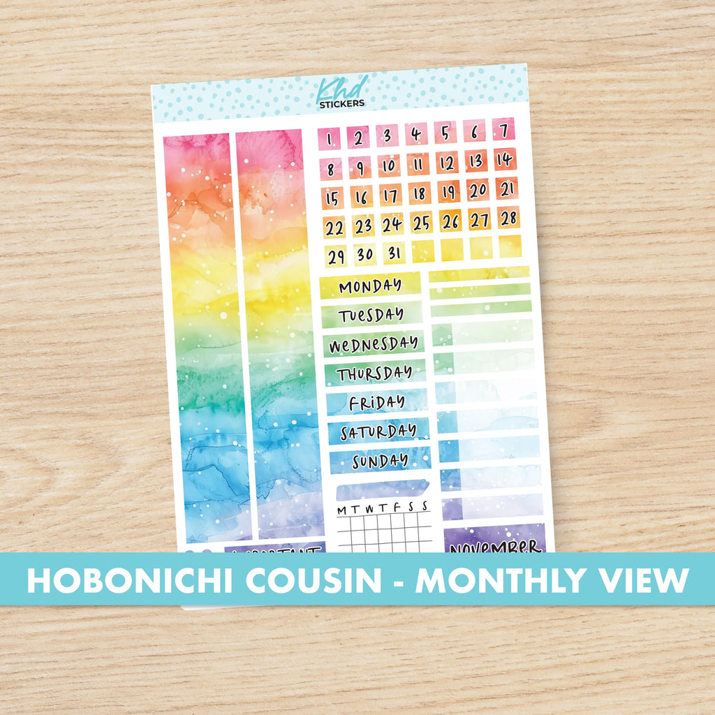 Rainbow Watercolour Hobonichi Cousin (A5) Monthly View Planner Sticker Kit, Choice of Month, Set 47023