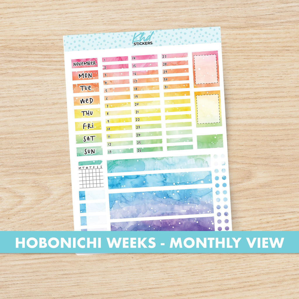 Rainbow Watercolour Hobonichi Weeks Monthly View Planner Sticker Kit, Choice of Monthly, Set 47023