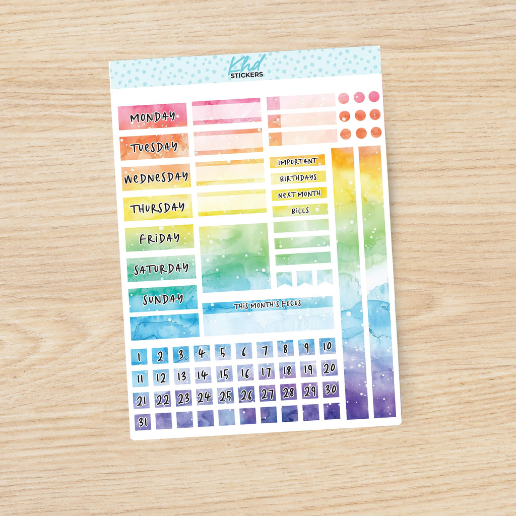 Rainbow Watercolour Lime Weekly Monthly View Planner Sticker Kit, Set 47023