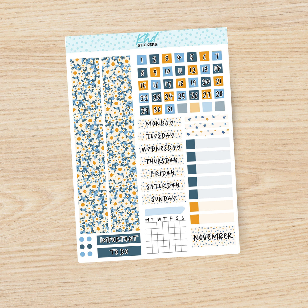 a planner sticker with a blue and orange design