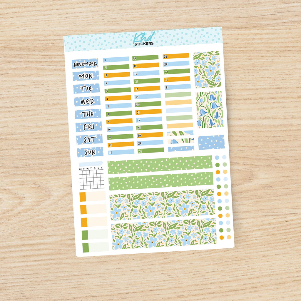 Floral Blue & Green Hobonichi Weeks Monthly View Planner Sticker Kit