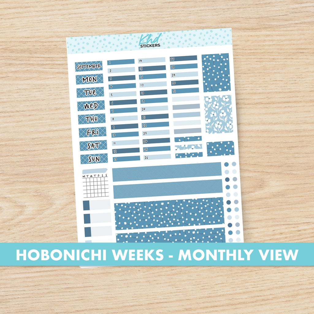 Blue Floral Hobonichi Weeks Monthly View Planner Sticker Kit