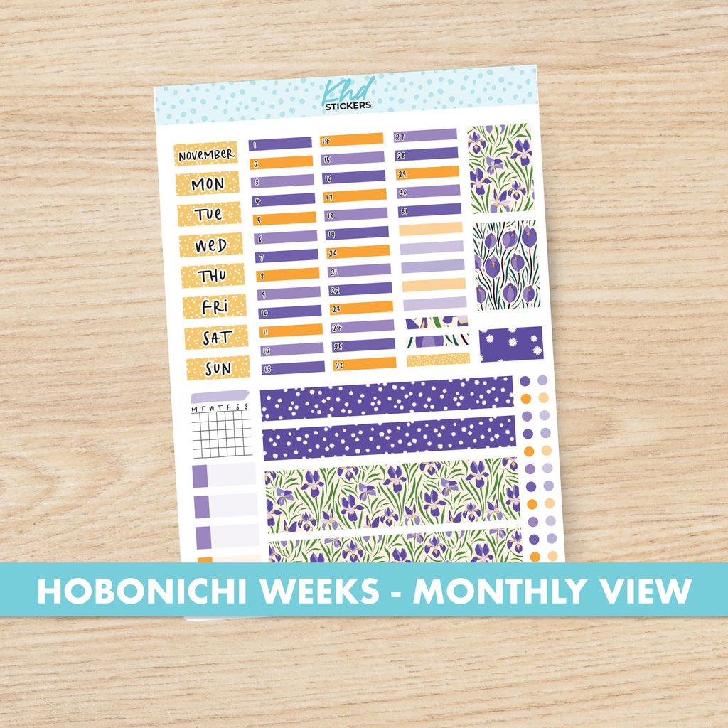 Purple Floral Hobonichi Weeks Monthly View Planner Sticker Kit