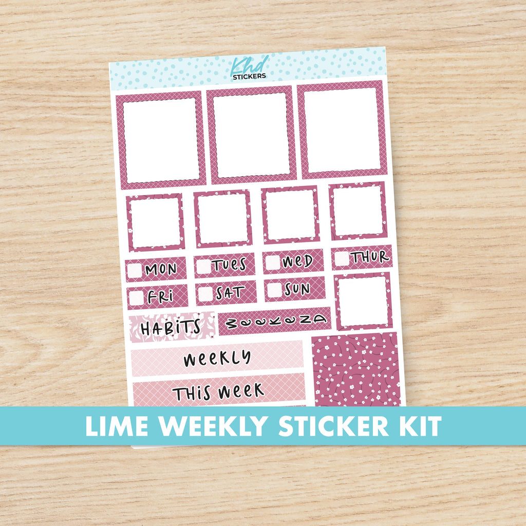 Pink Floral Lime Weekly Planner Sticker Kit