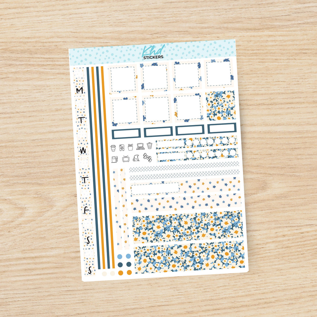 Fun Blue & Orange Floral Sticker kit to fit Hobonichi Weeks