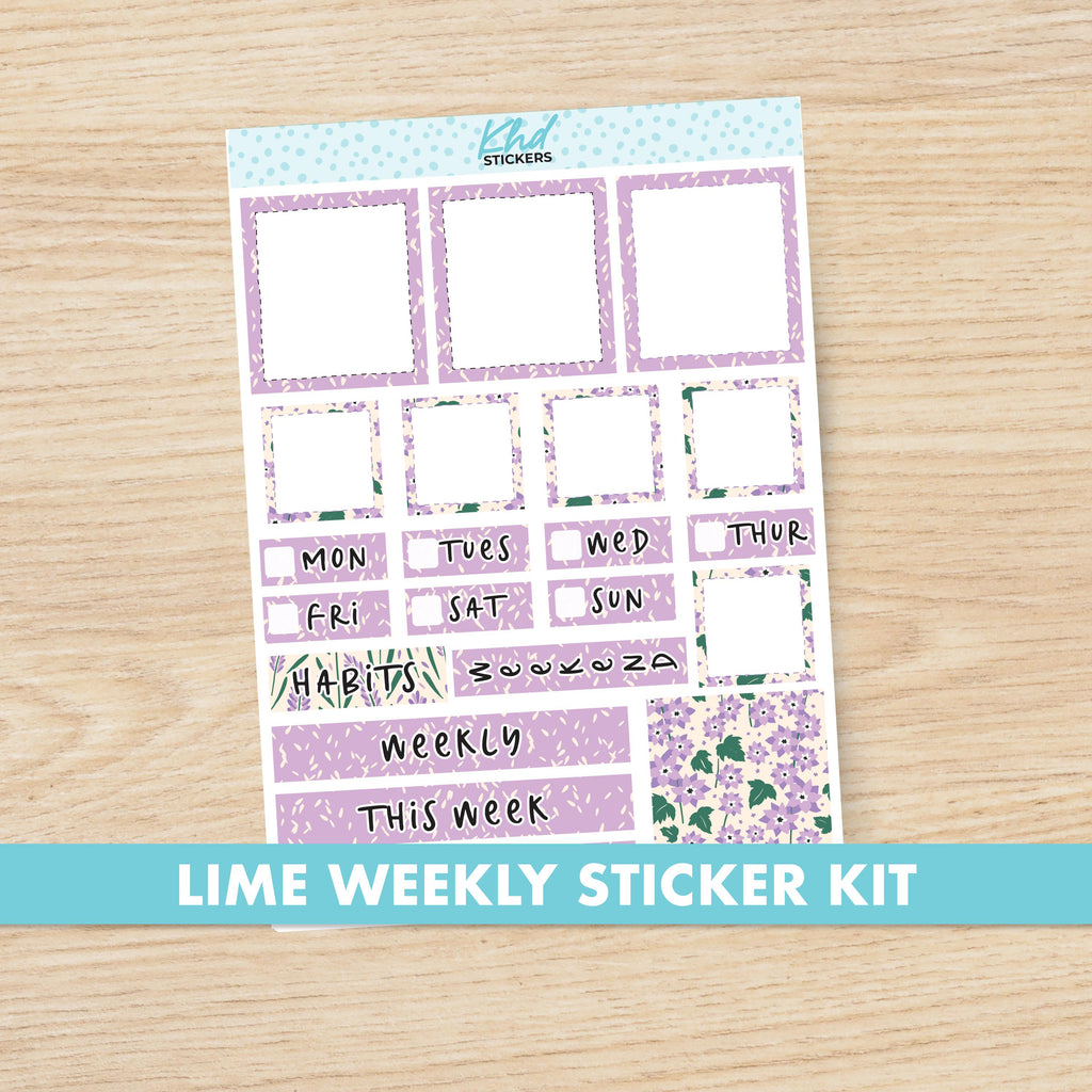 Pretty Purple Floral Lime Weekly Planner Sticker Kit