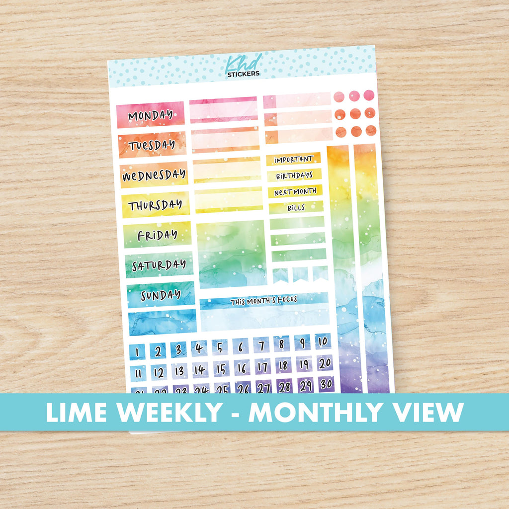 Rainbow Watercolour Lime Weekly Monthly View Planner Sticker Kit, Set 47023