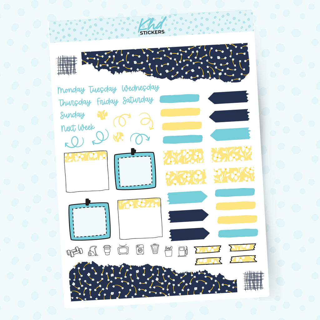 Navy blue & yellow floral Journal Weekly Sticker Kit