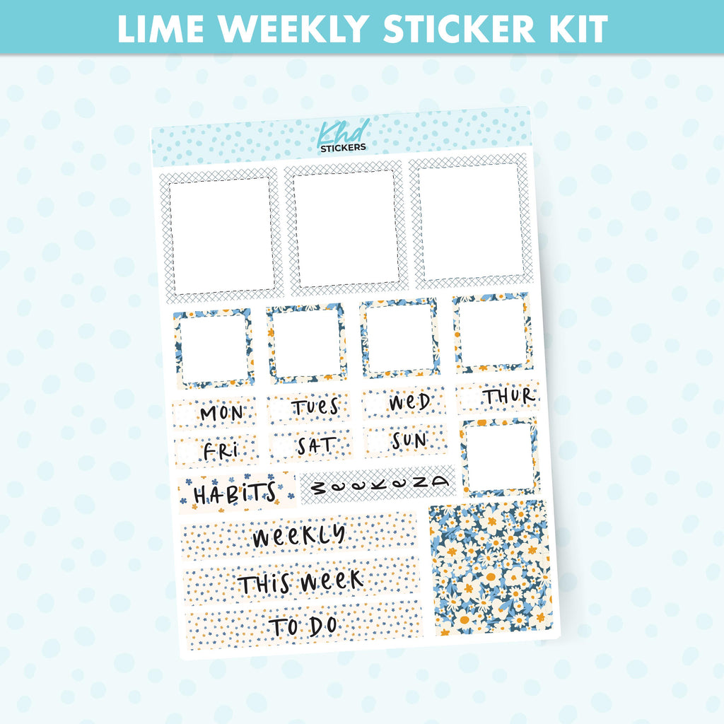 Blue & Orange Floral Lime Weekly Planner Sticker Kit