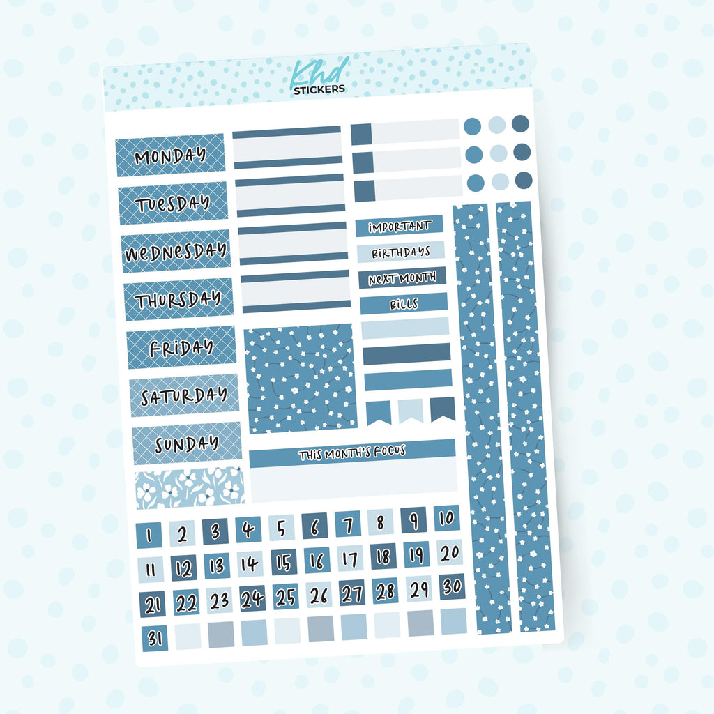 Blue Floral Lime Weekly Monthly View Planner Sticker Kit