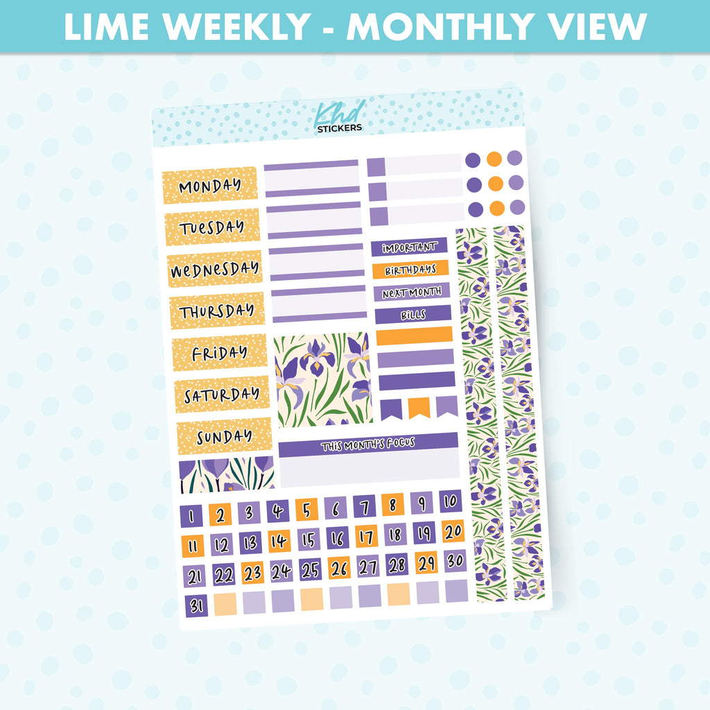 Purple Floral Lime Weekly Monthly View Planner Sticker Kit