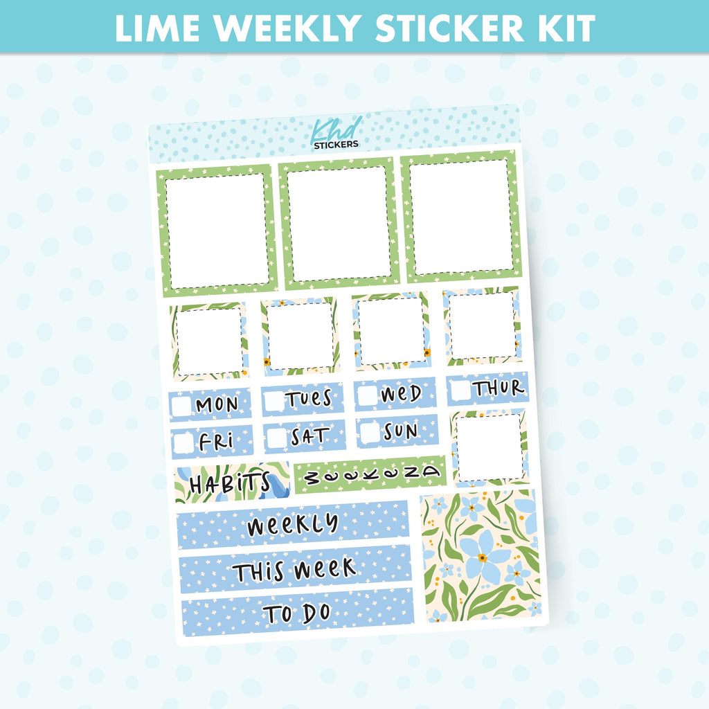 Floral Blue & Green Lime Weekly Planner Sticker Kit