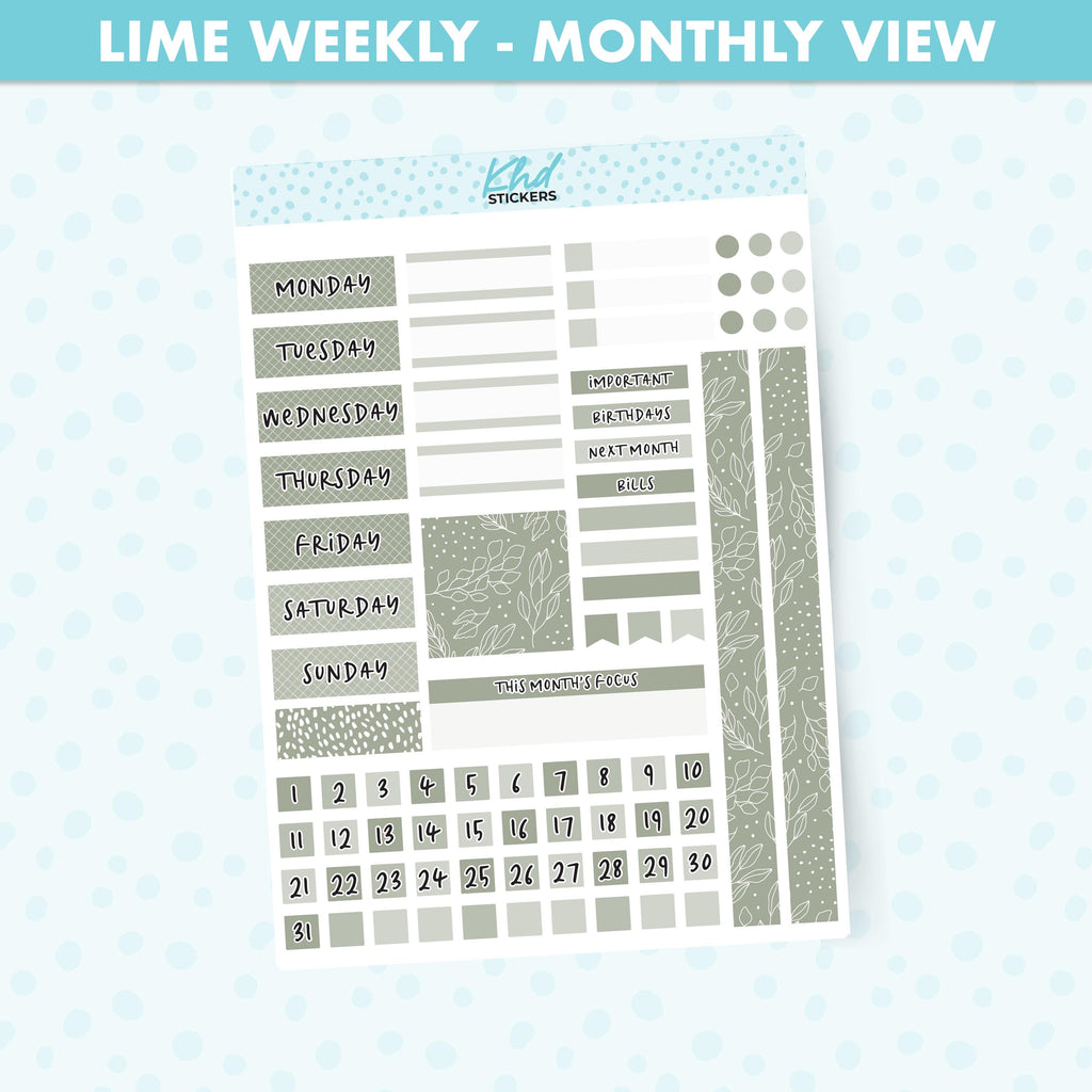 Relaxed Sunday Lime Weekly Monthly View Planner Sticker Kit