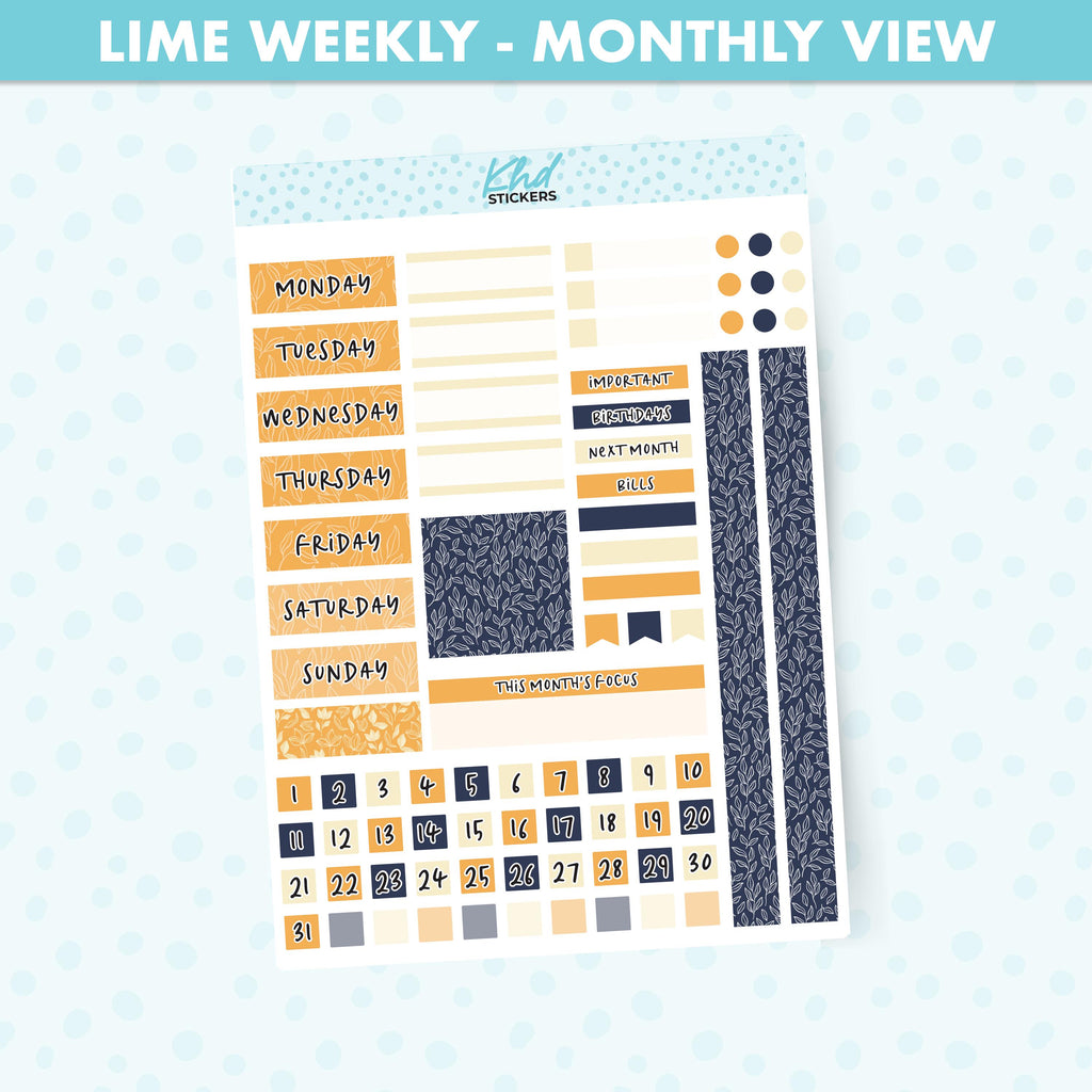 Navy Bloom Lime Weekly Monthly View Planner Sticker Kit