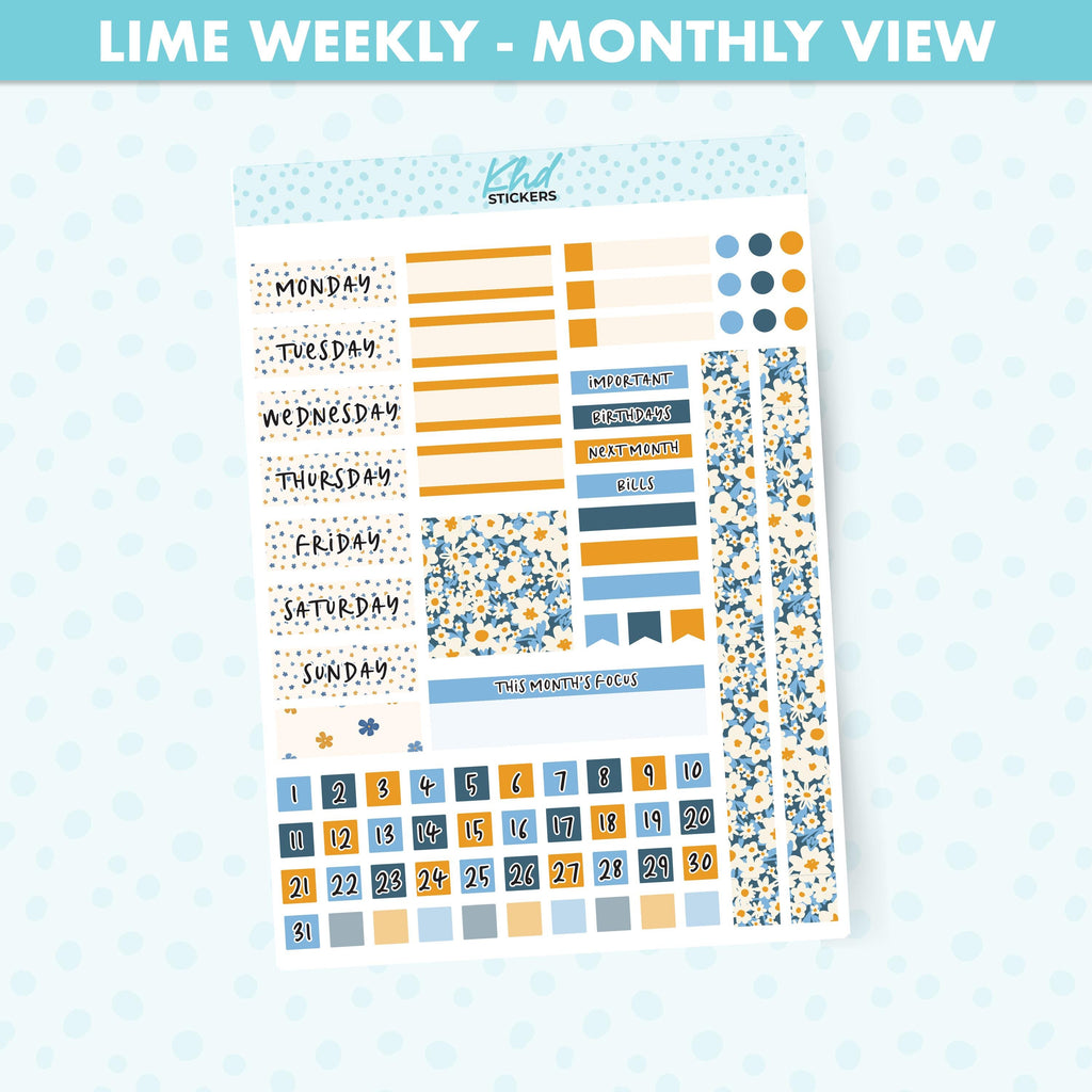 Blue & Orange Lime Weekly Monthly View Planner Sticker Kit