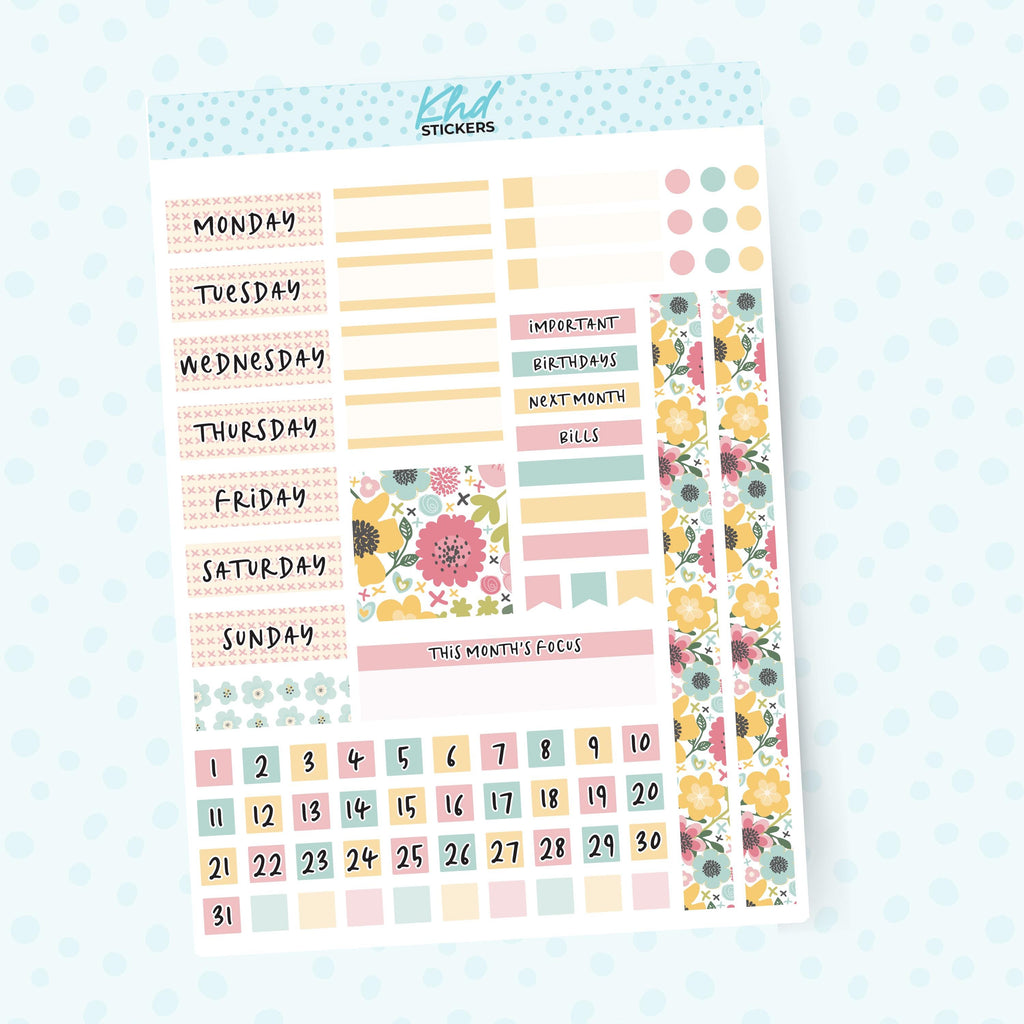 Pretty Pastel Floral Lime Weekly Monthly View Planner Sticker Kit