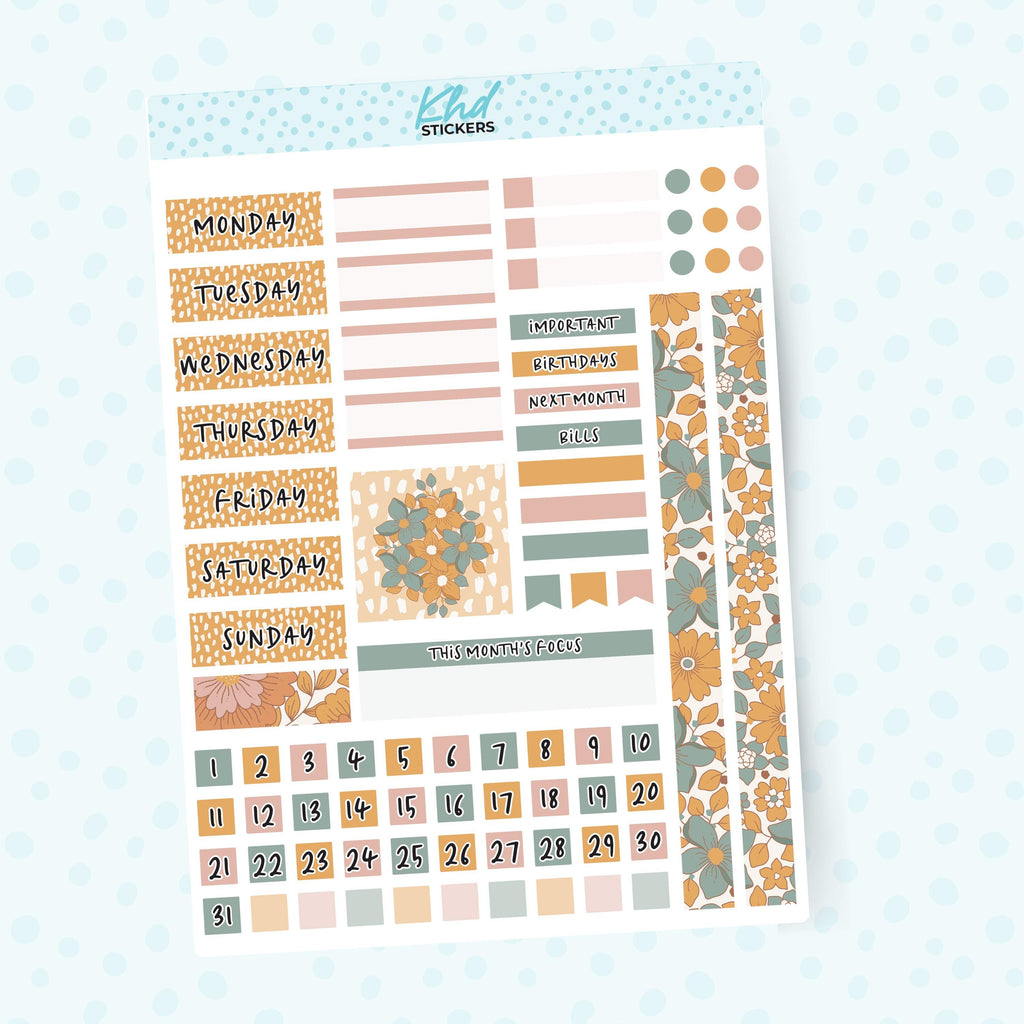 Vintage Floral Lime Weekly Monthly View Planner Sticker Kit