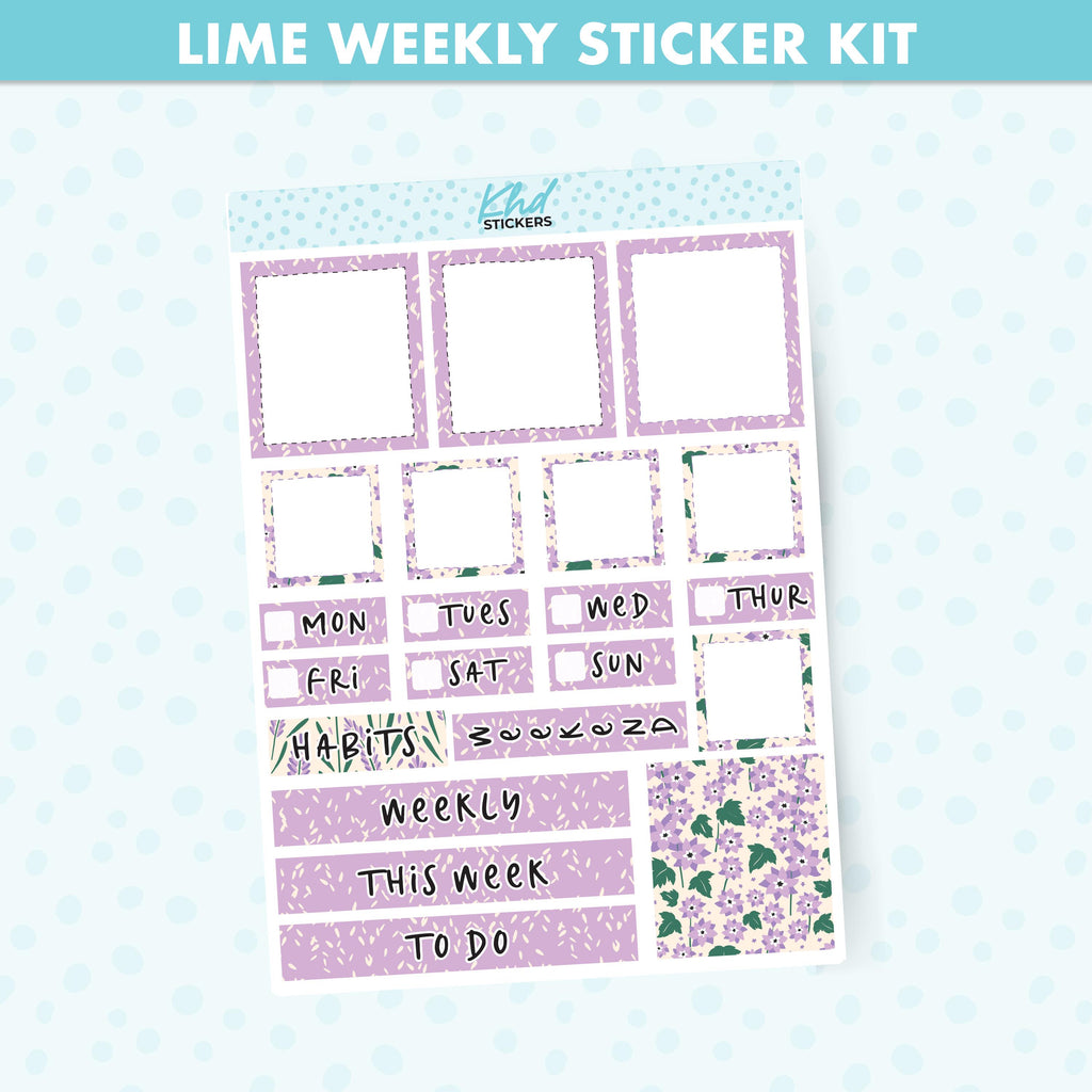 Pretty Purple Floral Lime Weekly Planner Sticker Kit