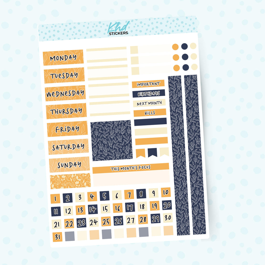 Navy Bloom Lime Weekly Monthly View Planner Sticker Kit