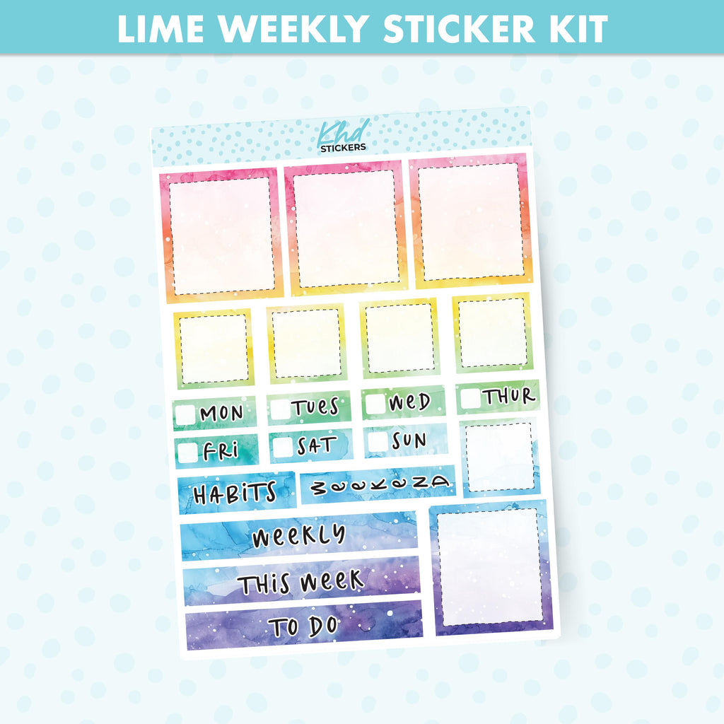 Rainbow Watercolour Lime Weekly Planner Sticker Kit