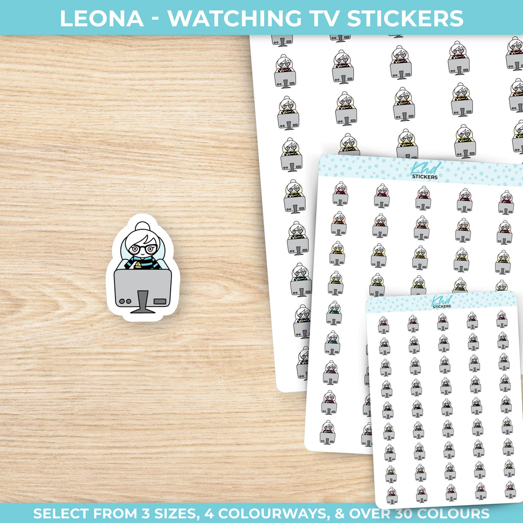 Planner Girl Leona at her computer, Planner Stickers, 3 sizes including tiny, Removable