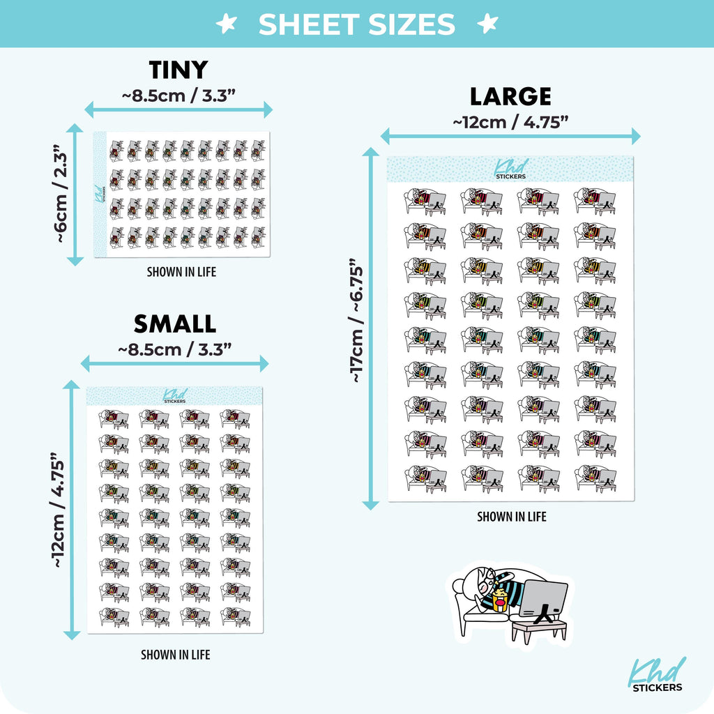 Planner Girl Leona Watching TV, Planner Stickers, 3 sizes including tiny, Removable